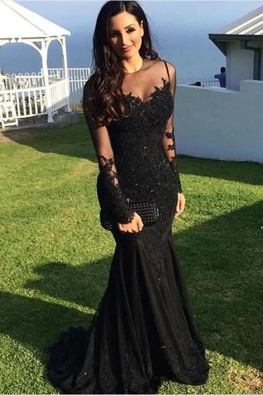 Long-sleeve Black Lace Evening Dresses with See-through Neckline