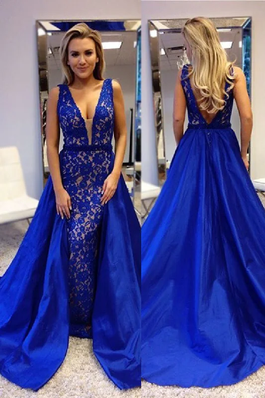 Plunging V-neck Royal Blue Lace Prom Dresses with Satin Skirt