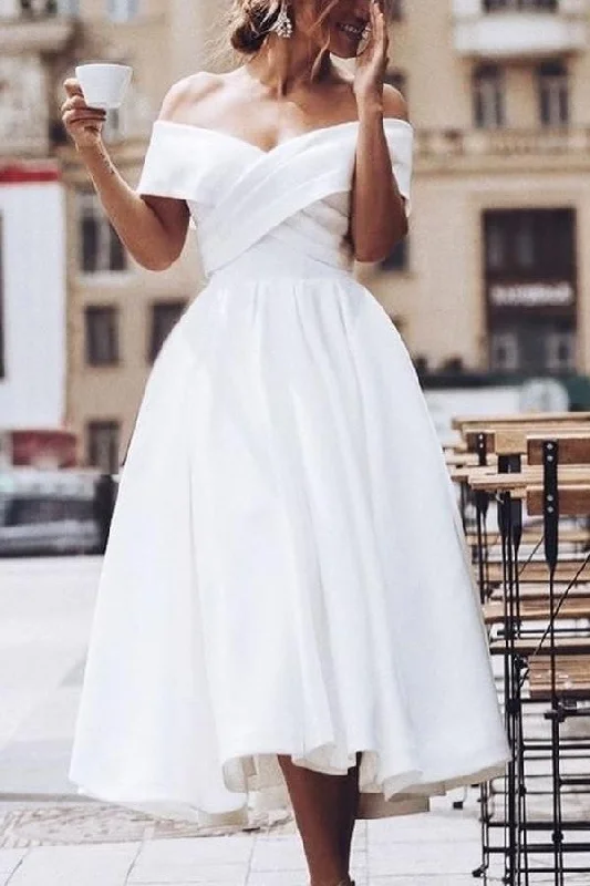Pleated Off-the-shoulder White Prom Dress Tea-Length