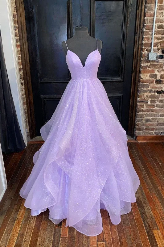 Shiny A-Line Lilac Spaghetti Straps Long Prom Dress. Formal Evening Dress OK1192