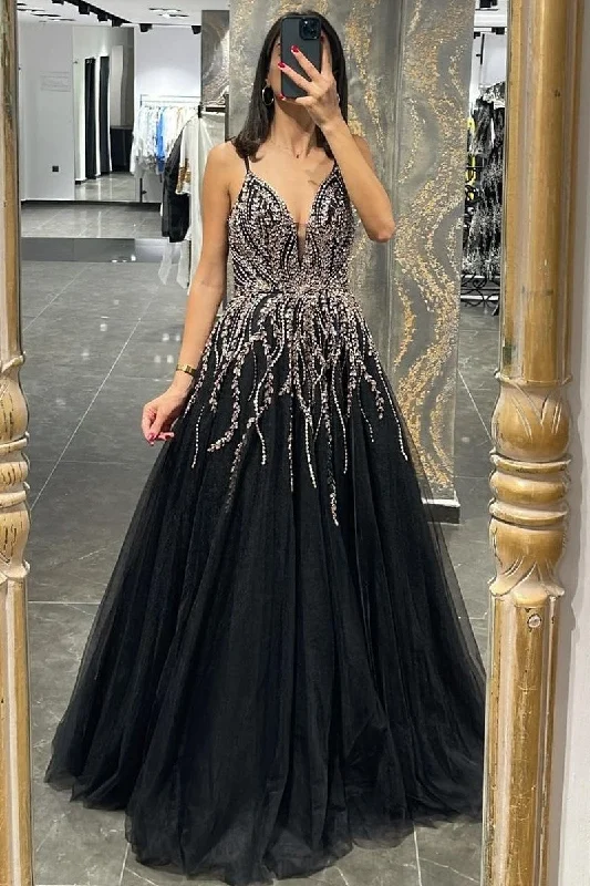 Radial Rhinestones Black Prom Dresses with Tulle Skirt