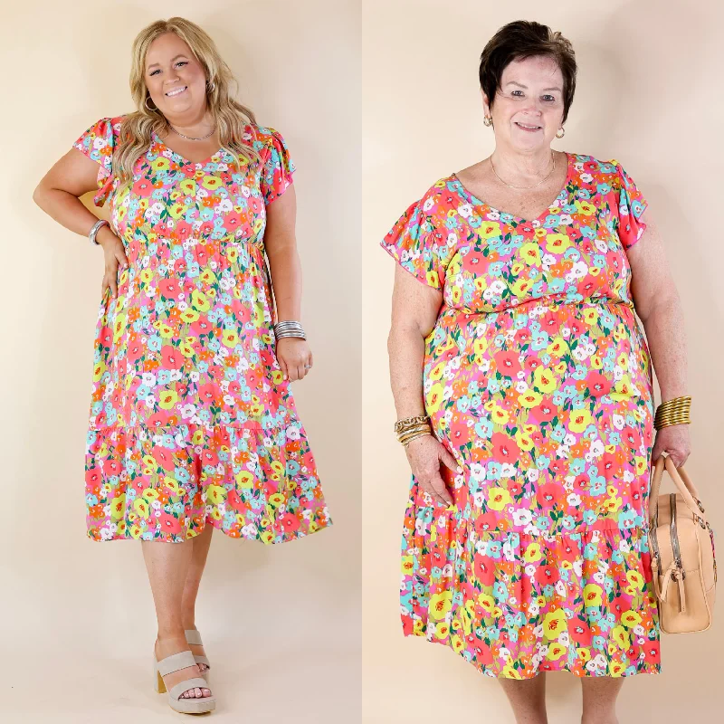 Coastal Charisma Floral Midi Dress with Ruffle Cap Sleeves in Pink Mix Tunics Summer linen