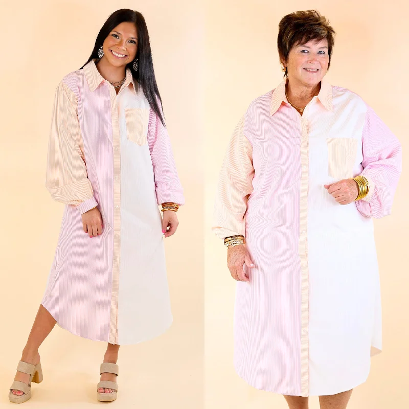 Picture This Button Up Pin Stripe Midi Dress in Orange and Pink Tunics Evening elegant