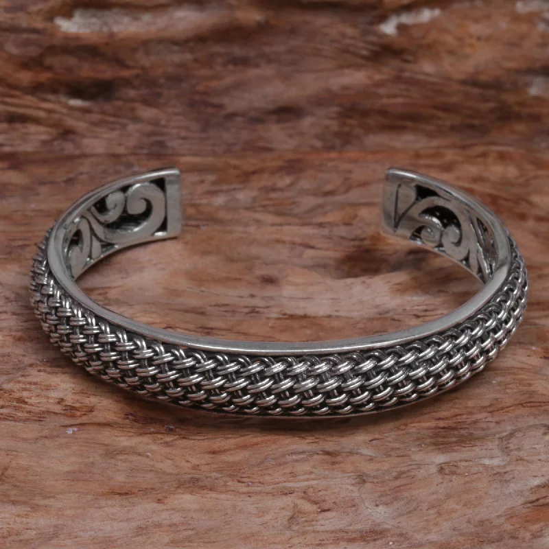 Celebrate Every Occasion With Sparkling Savings Woven Chains Hand Crafted Sterling Silver Cuff Bracelet from Indonesia