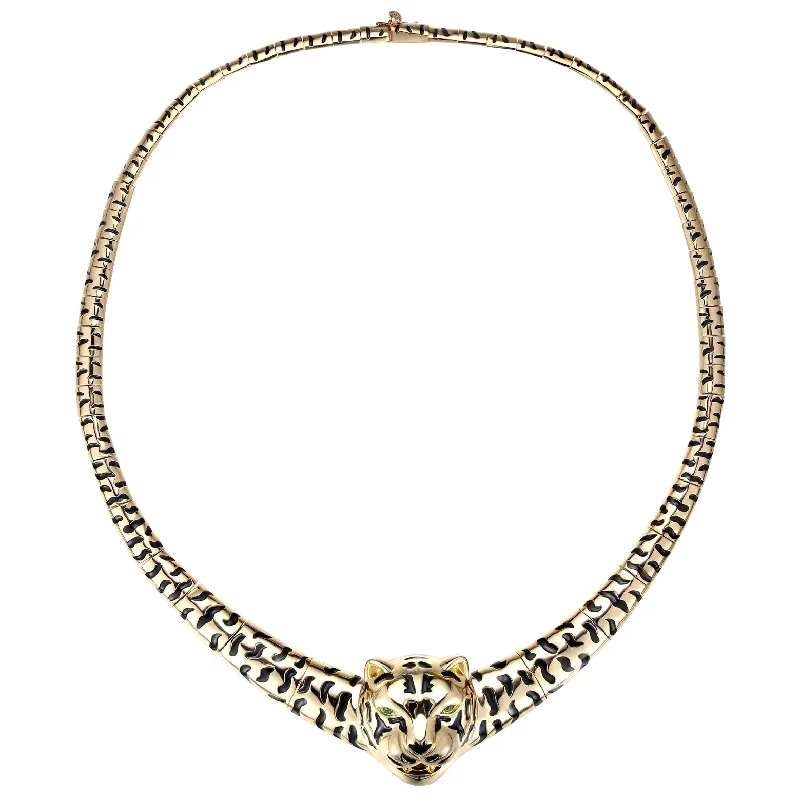 Special Deals On Handcrafted And Designer Jewelry Rg 14k Gold Plated with Black Enamel Leopard Head Omega Necklace