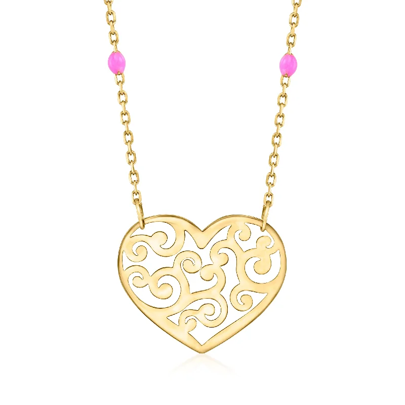 Special Offers On Handcrafted And Designer Jewelry Ross-Simons Italian 14kt Yellow Gold Openwork Heart Necklace With Pink Enamel