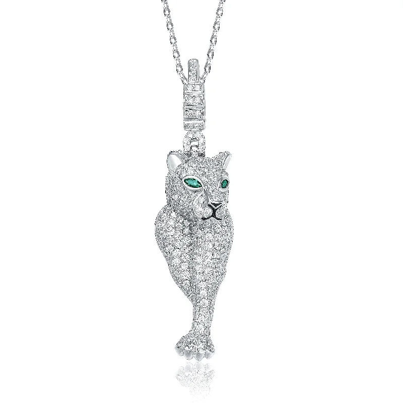 Shop Dazzling Jewelry With Special Promotional Discounts Sterling Silver Rhodium Plated Emerald Cubic Zirconia "cheetah" Spring Ring Pendant