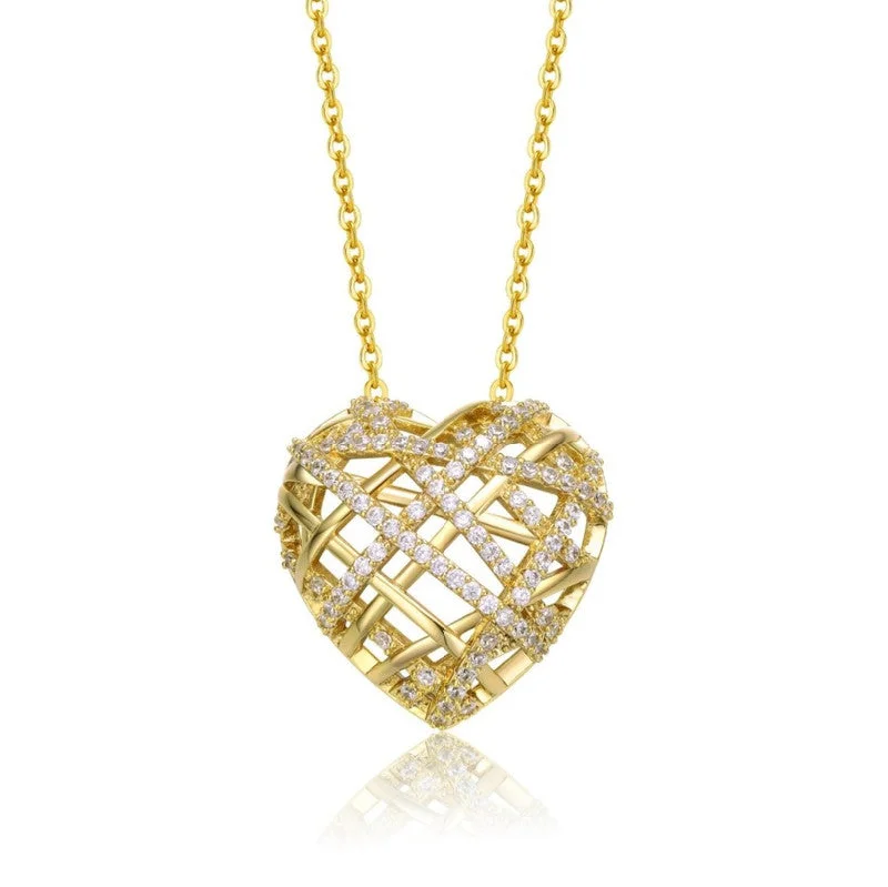 Shop Dazzling Jewelry With Special Promotional Discounts Sterling Silver 14k Yellow Gold Plated with Cubic Zirconia Knotted Ribbon 3D Puffed Heart Pendant Necklace
