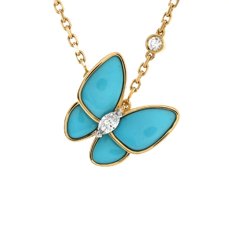 Make Every Moment Shine – Jewelry Discounts Available Two Butterfly Pendant Necklace 18K Yellow Gold with Turquoise and Diamonds