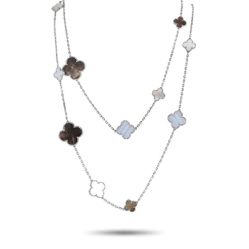 Clearance Sale On High-End Jewelry Collections Van Cleef & Arpels Alhambra 18K White Gold Chalcedony and Mother of Pearl 16-Motif Long Necklace VC21-111224