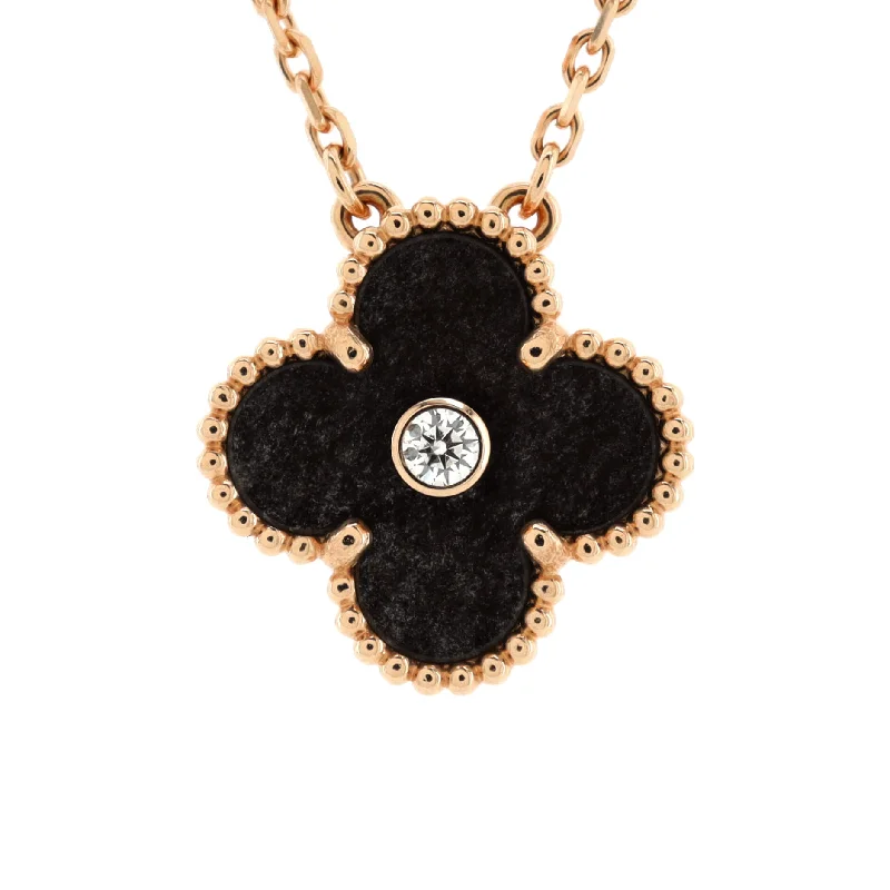 Timeless Jewelry At Special Discount Rates Vintage Alhambra Pendant Necklace 18K Rose Gold and Silver Obsidian with Diamond