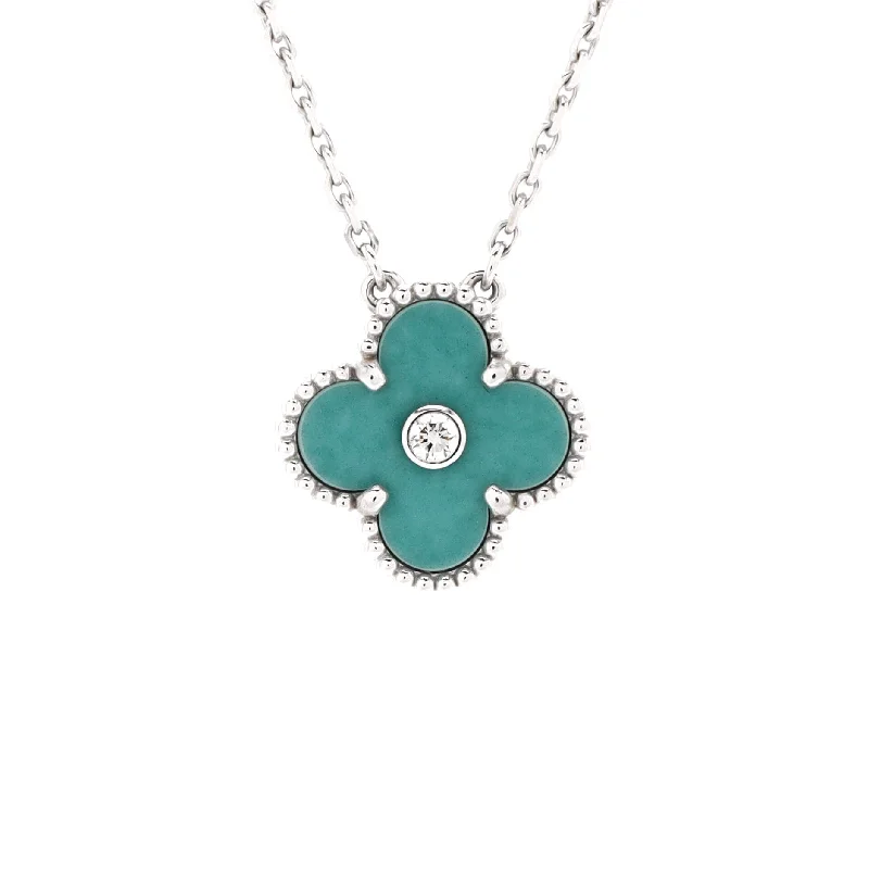 Jewelry Sale Alert – Shop Timeless Elegance Today Vintage Alhambra Pendant Necklace 18K White Gold and Green Celadon Sevres Porcelain with Diamond