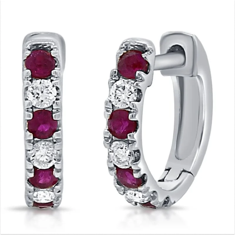 Celebrate With Sparkle – Jewelry Sale Now Live 14k WG 1.24GR HUGGIE EARRINGS 6 ROUND DIAMONDS 0.14CT AND 8 RUBBIES 0.24
