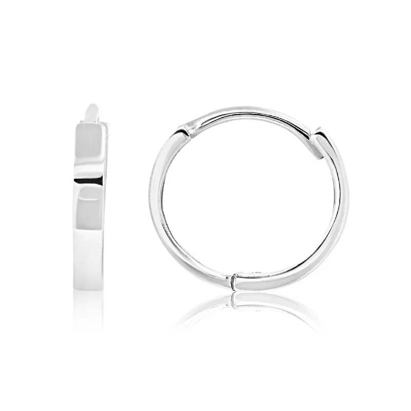Discounted Luxury Jewelry – Shine Without The Splurge 14K White Gold 10mm Flat Style Huggie Hoop Earrings with Hidden Post Hinged Closure
