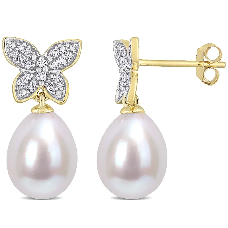 Clearance Sale On High-End Jewelry Collections 8.5-9 MM Freshwater Cultured Pearl and 1/8 CT TDW Diamond Butterfly Drop Earrings in 10k Yellow Gold