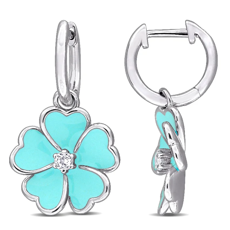 Jewelry Clearance Sale – Final Reductions Mimi & Max 1/6ct TGW White Topaz Light Blue Enamel Plated Flower Hoop Earrings Sterling Silver
