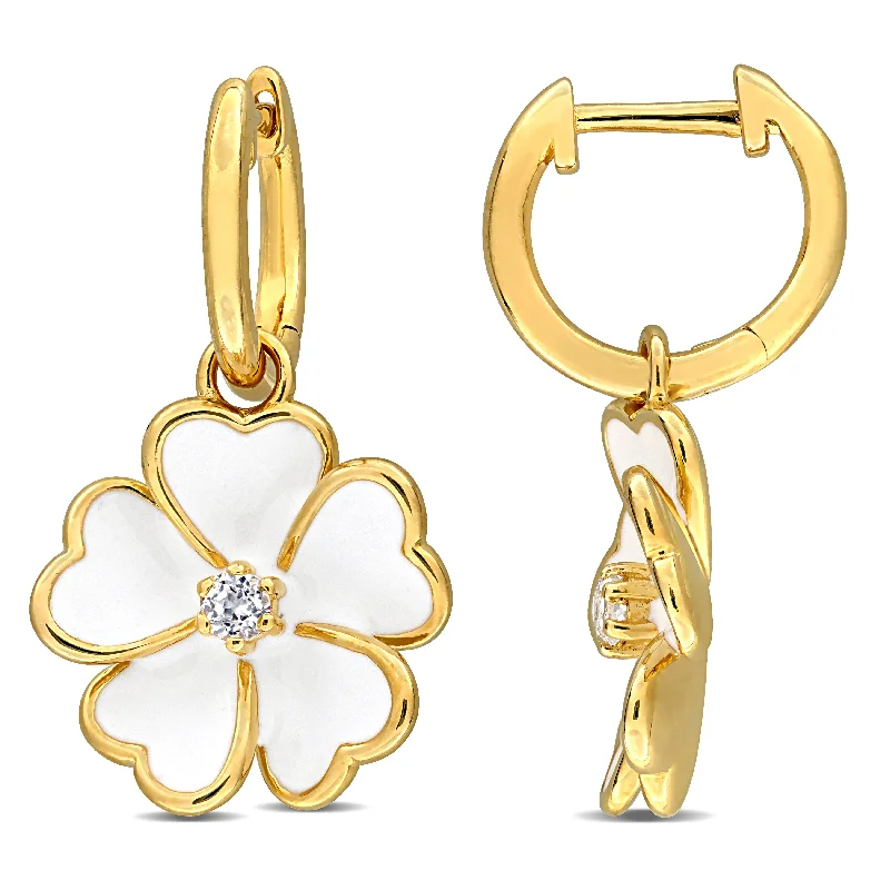 Shop Fine Jewelry With Exclusive Savings Mimi & Max 1/6ct TGW White Topaz White Enamel Plated Flower Hoop Earrings Yellow Silver