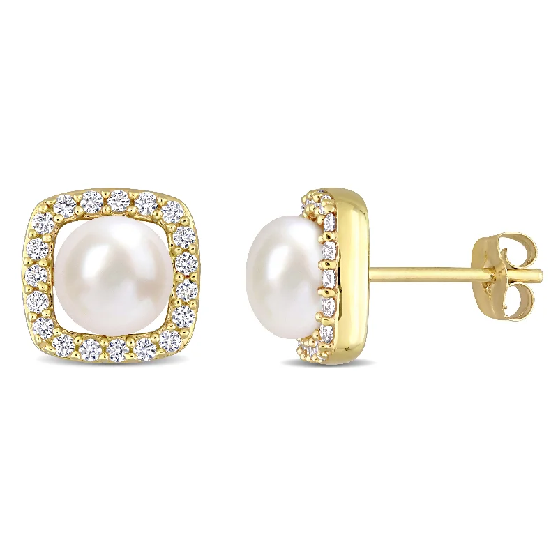 Elegant Necklaces And Bracelets At Limited-Time Offers Mimi & Max 6-6.5mm Cultured Freshwater Pearl and 3/8ct TGW Created White Sapphire Halo Earrings in 10k Yellow Gold