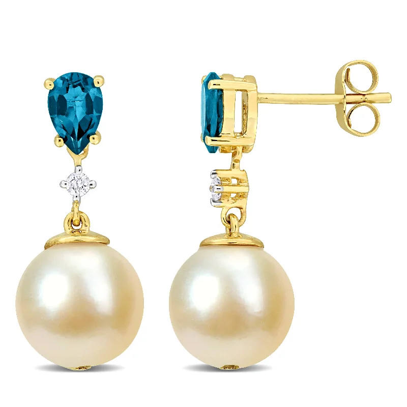 Premium Diamond Jewelry At Once-In-A-Lifetime Discounts Mimi & Max 8.5-9.0mm Golden South Sea Cultured Pearl Diamond Accent Drop Earrings with Blue Topaz in 14k Yellow Gold