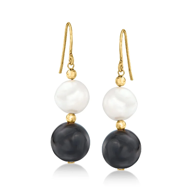 Elevate Your Outfit With Discounted Statement Jewelry Ross-Simons 12mm Onyx Bead and 11-11.5mm Cultured Pearl Drop Earrings in 14kt Yellow Gold
