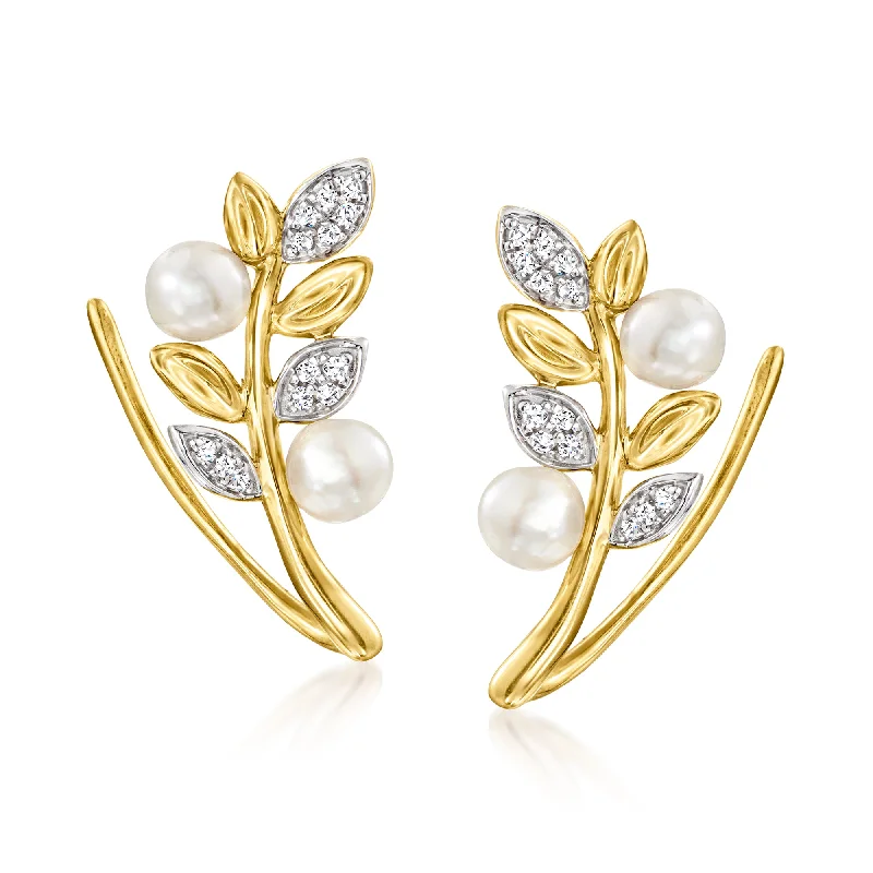 Your Perfect Accessory Now At The Best Price Ross-Simons 3.5-4mm Cultured Pearl Leaf Ear Climbers With Diamond Accents in 14kt Yellow Gold