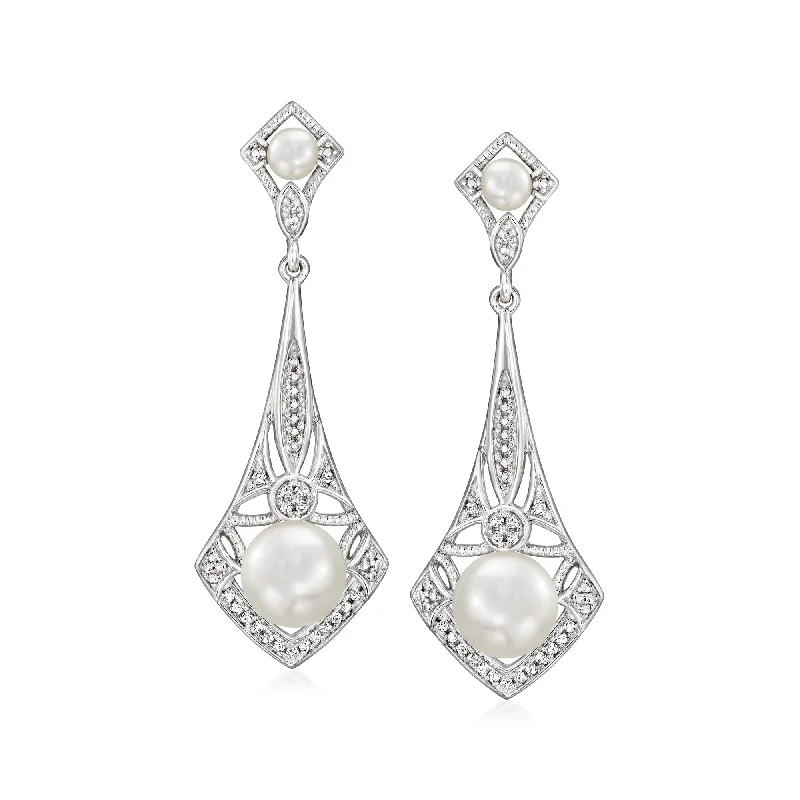 Shop Jewelry That Shines Without The High Price Ross-Simons 3.5-7.5mm Cultured Pearl and . Diamond Vintage-Style Drop Earrings in Sterling Silver