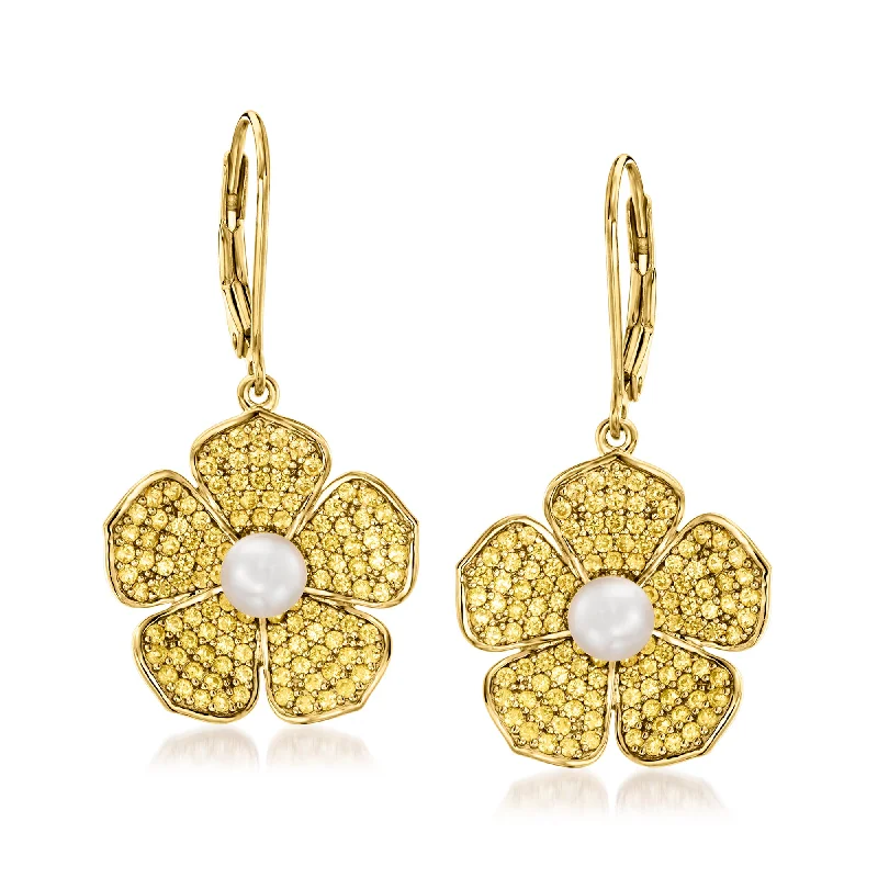 Shop Fine Jewelry With Amazing Deals Ross-Simons 5-5.5mm Cultured Pearl and Yellow Sapphire Flower Drop Earrings in 18kt Gold Over Sterling