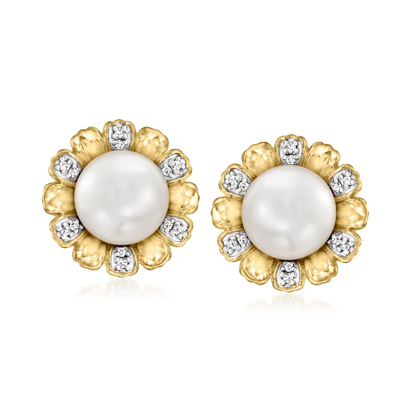Grab Stylish Jewelry Before The Sale Ends Ross-Simons 7.5-8mm Cultured Pearl Flower Earrings With Diamond Accents in 18kt Gold Over Sterling