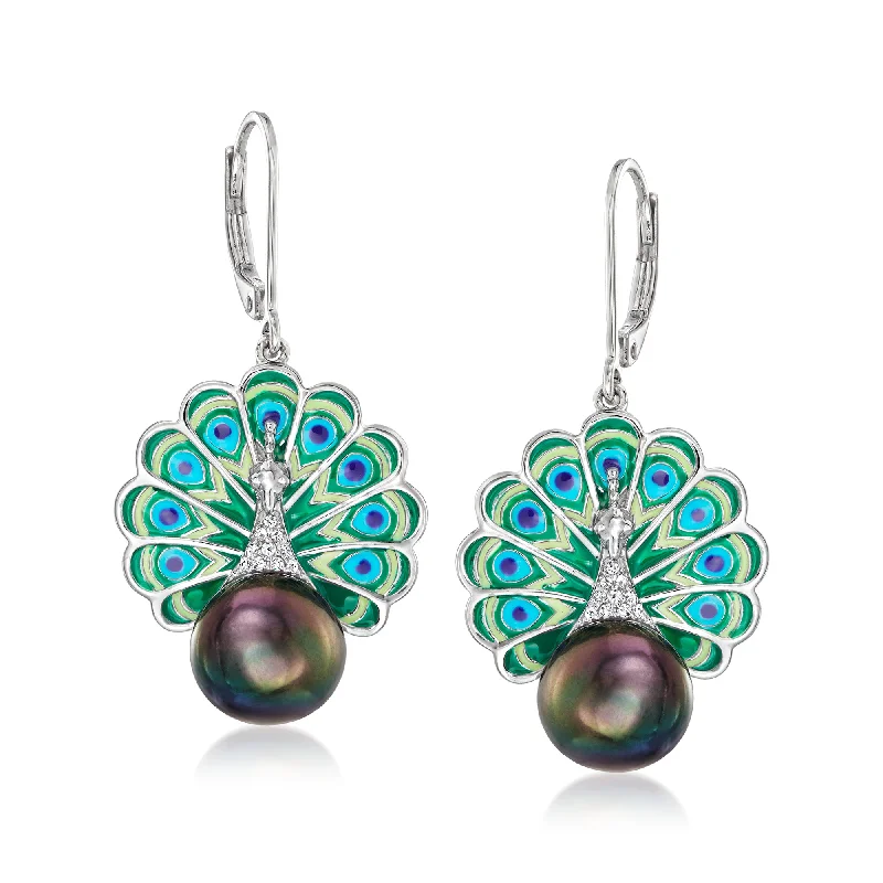 Affordable Luxury Jewelry For Every Occasion Ross-Simons 8.5-9mm Black Cultured Pearl Peacock Drop Earrings With Multicolored Enamel and Diamond Accents in Sterling Silver