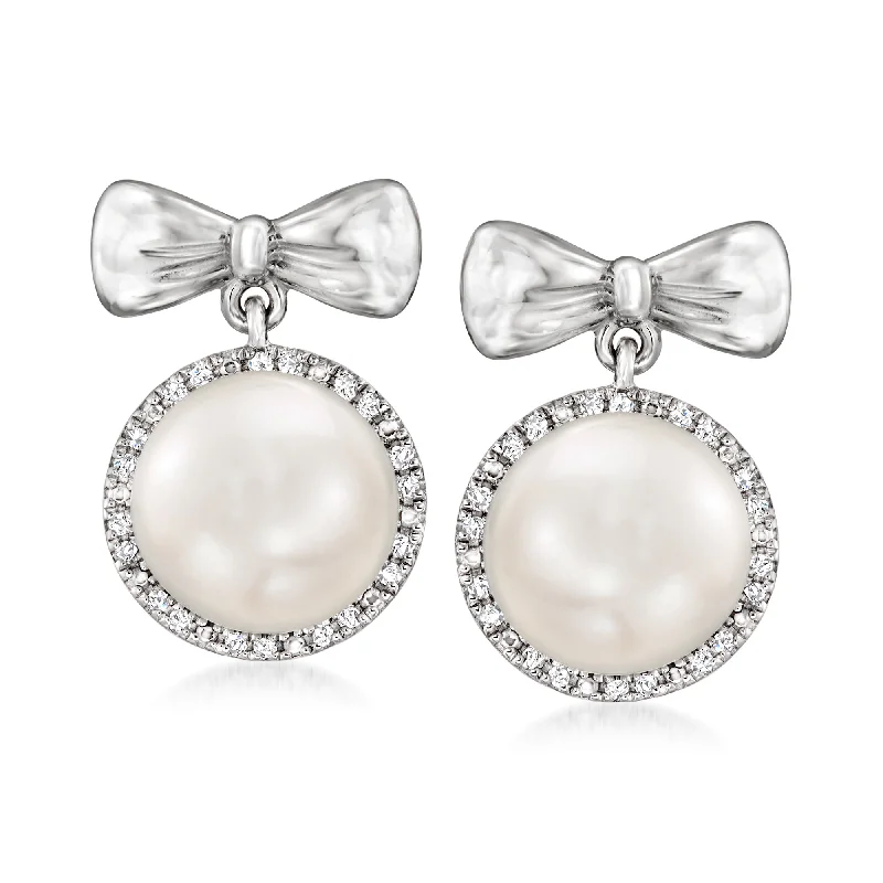Timeless Elegance Now At Special Discounts Ross-Simons 8.5-9mm Cultured Pearl and . Diamond Bow Drop Earrings in Sterling Silver