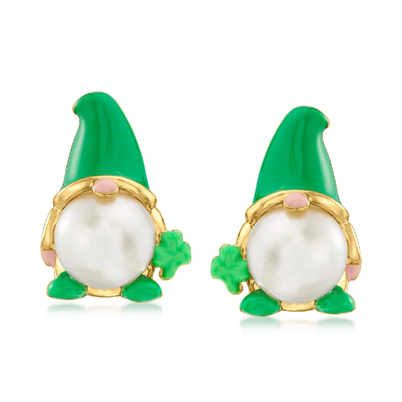 Holiday Jewelry Sale – Perfect Gifts At The Best Prices Ross-Simons 8-8.5mm Cultured Pearl and Green Enamel St. Patrick's Day Gnome Earrings in 18kt Gold Over Sterling