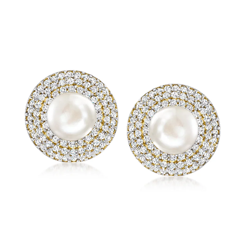 Limited-Stock Jewelry Clearance – Grab Your Favorites Now Ross-Simons 8mm Cultured Pearl and White Topaz Earrings in 18kt Gold Over Sterling