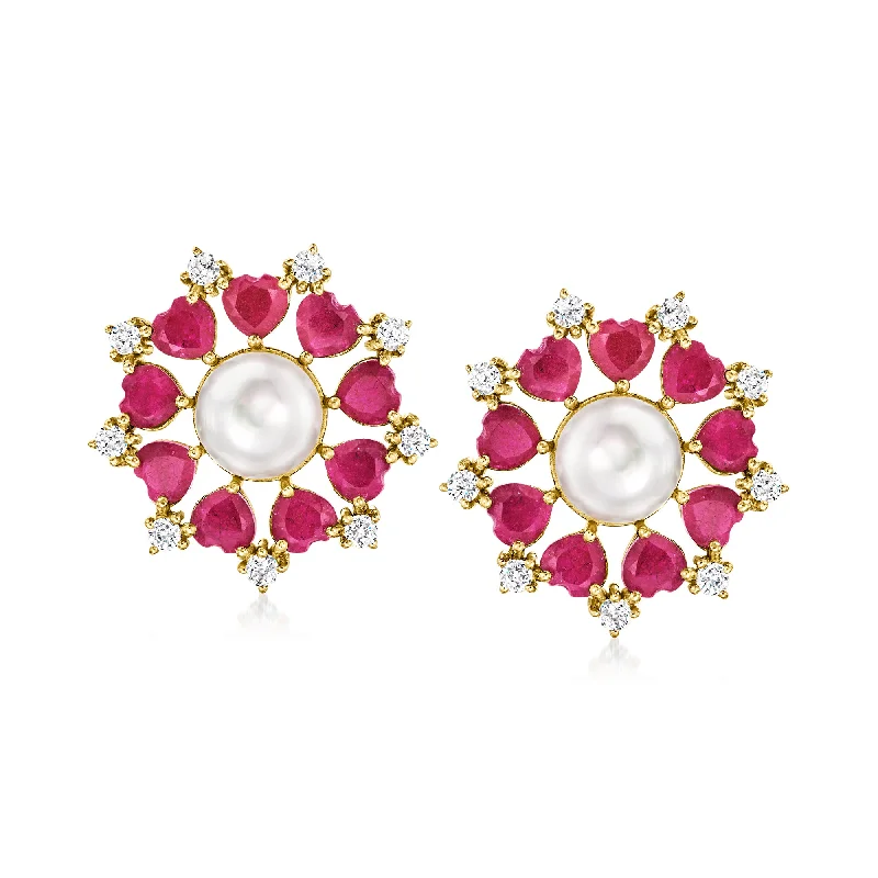 Clearance Sale On High-End Jewelry Collections Ross-Simons 9.5-10mm Cultured Pearl and Ruby Earrings With White Topaz in 18kt Gold Over Sterling