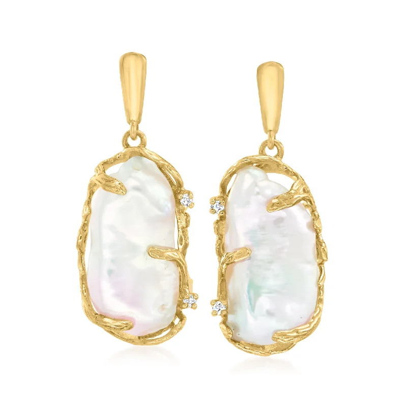 Timeless Beauty, Unbeatable Deals – Jewelry Sale On Ross-Simons 9x21mm Cultured Baroque Pearl Drop Earrings With Diamond Accents in 14kt Yellow Gold
