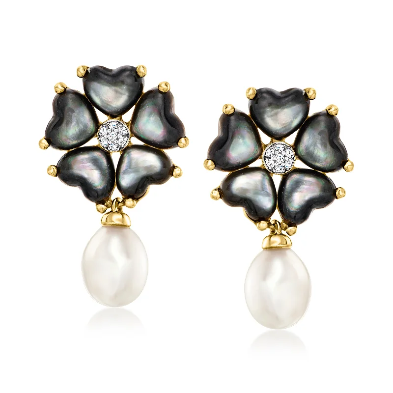 Fashion-Forward Jewelry At Incredible Prices Ross-Simons Black Mother-Of-Pearl and 6-6.5mm Cultured Pearl Flower Drop Earrings With Diamond Accents in 18kt Yellow Gold Over Sterling