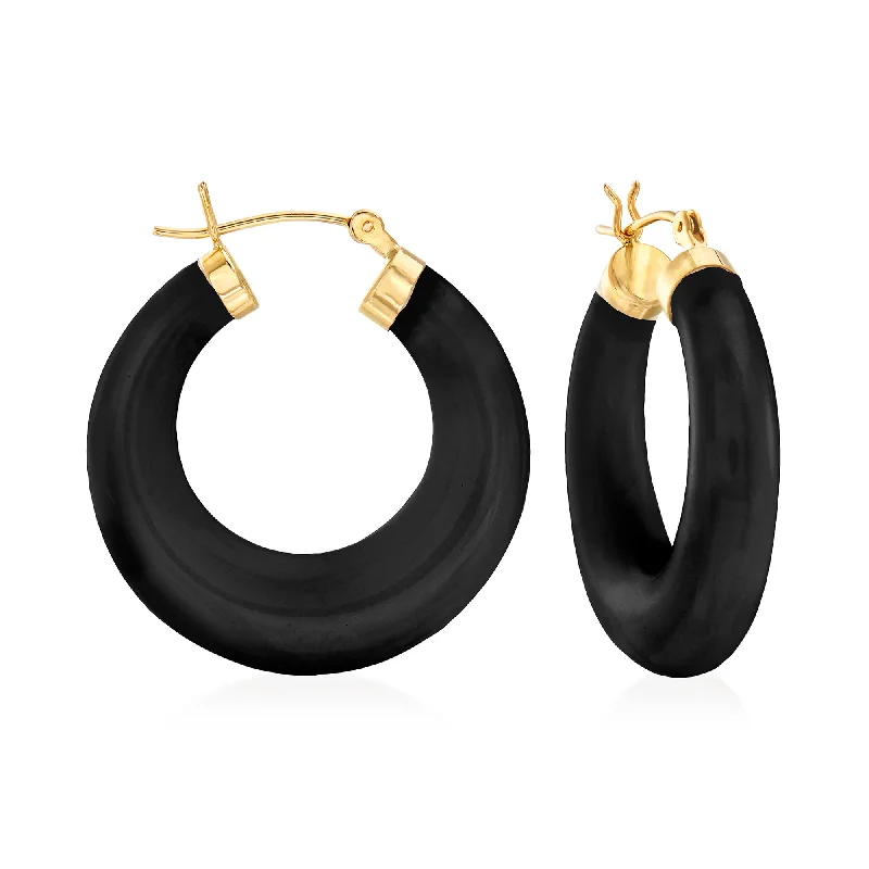 Shop Elegant Jewelry At Unbeatable Prices Ross-Simons Black Onyx Hoop Earrings in 14kt Yellow Gold