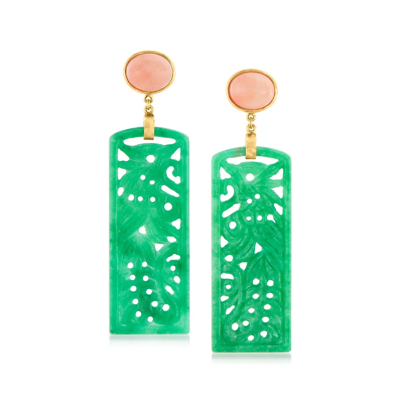 Don't Miss Out On Jaw-Dropping Jewelry Discounts Ross-Simons Carved Green Jade and Pink Coral Drop Earrings in 14kt Gold Over Sterling