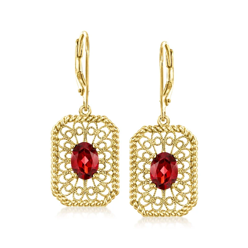 Shop Modern Jewelry Collections With Exclusive Discounts Ross-Simons Garnet Filigree Drop Earrings in 18kt Gold Over Sterling