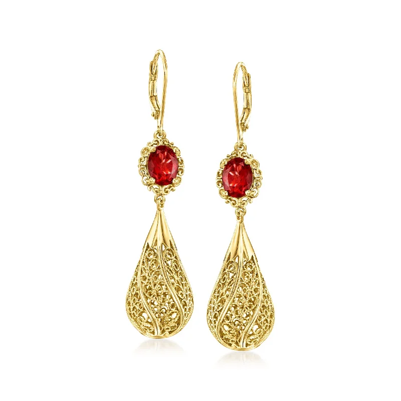 Shop Handcrafted Jewelry At Special Promotional Rates Ross-Simons Garnet Filigree Drop Earrings in 18kt Gold Over Sterling