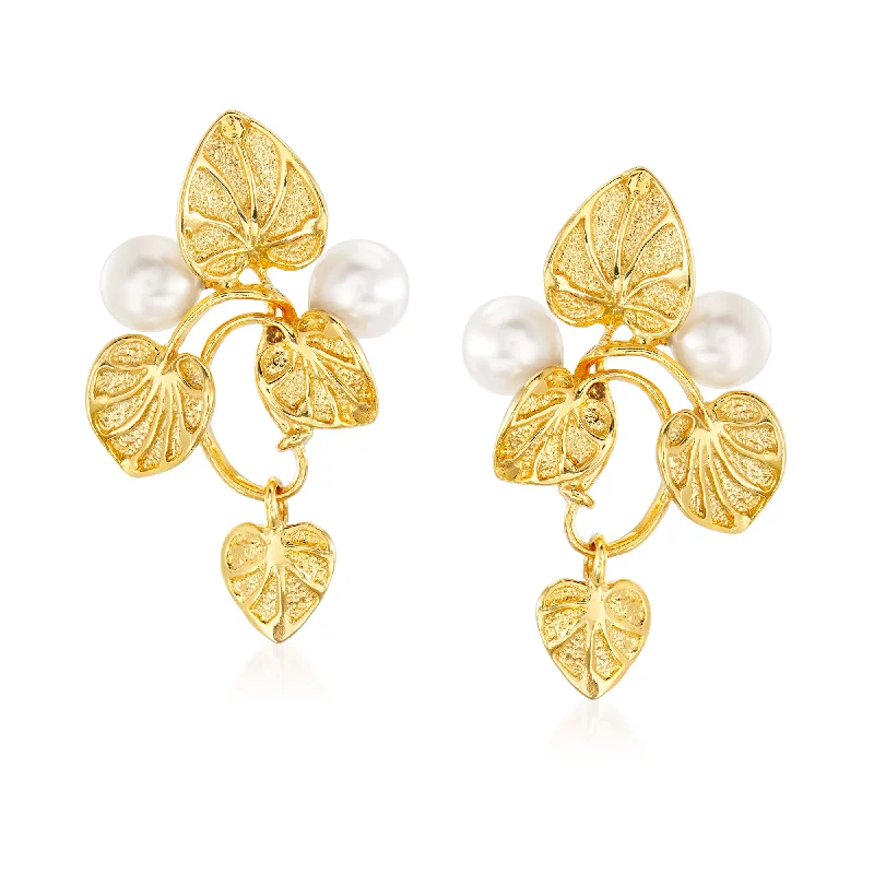 Huge Savings On Timeless Jewelry Collections Ross-Simons Italian 6mm Cultured Pearl Vine Drop Earrings in 18kt Gold Over Sterling