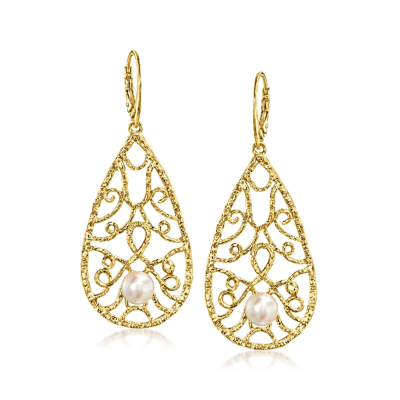 Get Your Favorite Jewelry At The Best Price Ross-Simons Italian 7-7.5mm Cultured Pearl Filigree Teardrop Earrings in 18kt Gold Over Sterling
