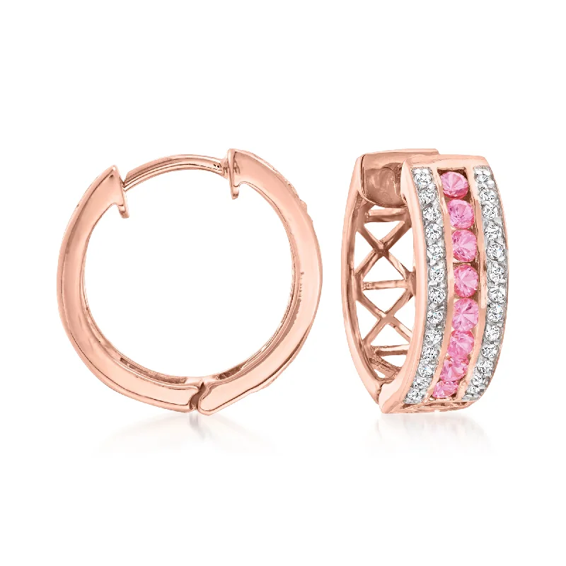 Stunning Statement Jewelry, Unbeatable Discounts Ross-Simons Pink Sapphire and . White Zircon Hoop Earrings in 18kt Rose Gold Over Sterling