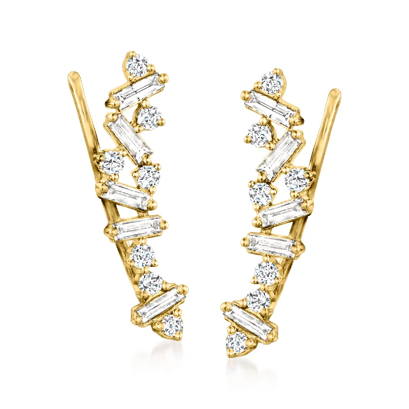 Discounted Jewelry For A Glamorous Look Ross-Simons Round and Baguette Diamond Ear Climbers in 14kt Yellow Gold