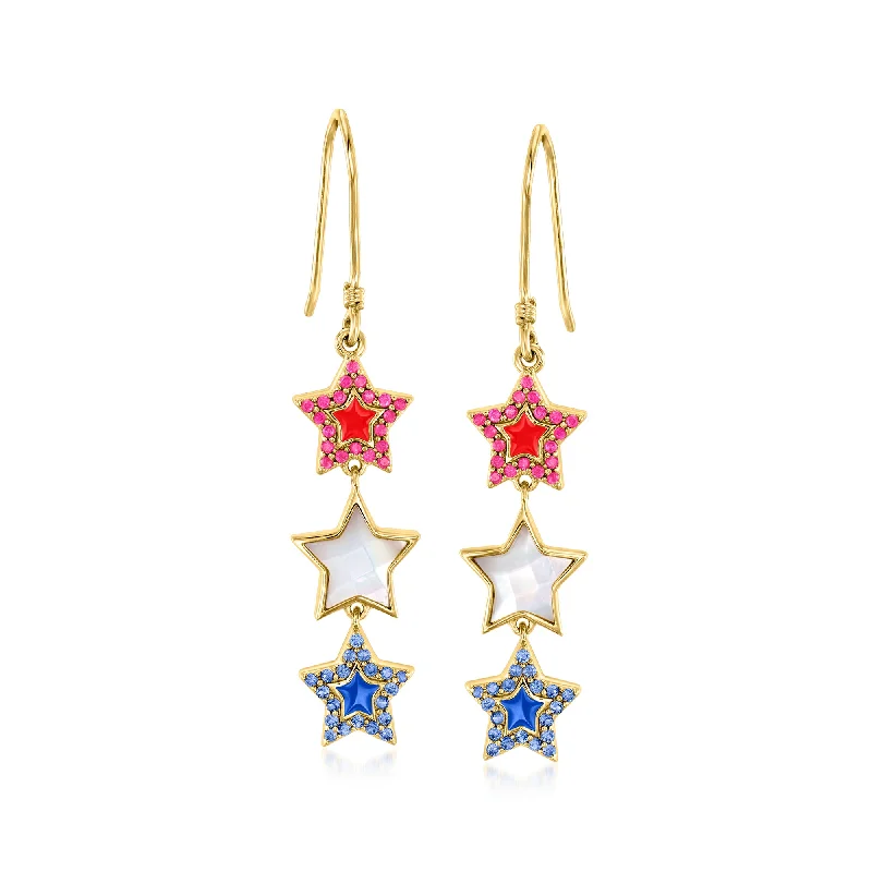Special Deals On Handcrafted And Designer Jewelry Ross-Simons Ruby, . Sapphire and Mother-Of-Pearl Star Drop Earrings With Red and Blue Enamel in 18kt Gold Over Sterling