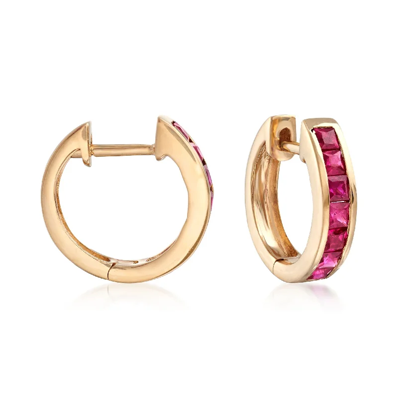 Huge Markdowns On Premium Jewelry Styles Ross-Simons Square-Cut Ruby Huggie Hoop Earrings in 14kt Yellow Gold