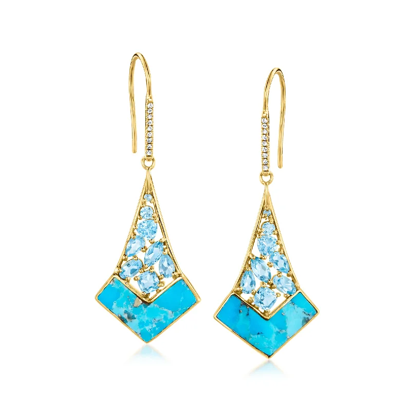 Trending Jewelry Now Available At Exclusive Prices Ross-Simons Swiss Blue Topaz and Turquoise Drop Earrings With White Topaz Accents in 18kt Gold Over Sterling