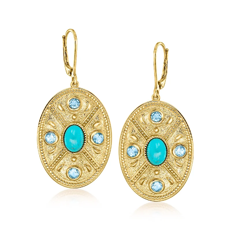 Discounted Jewelry For A Glamorous Look Ross-Simons Turquoise and . Sky Blue Topaz Etruscan-Style Oval Drop Earrings in 18kt Gold Over Sterling