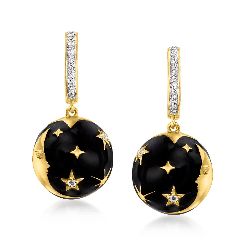 Elegant Jewelry, Affordable Luxury – Shop Now Ross-Simons White Topaz and Black Enamel Celestial Drop Earrings in 18kt Gold Over Sterling