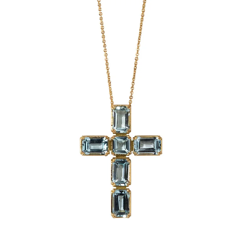 Limited-Time Offer On Elegant Jewelry Pieces Blue Topaz Cross 18K Gold Pendant Necklace