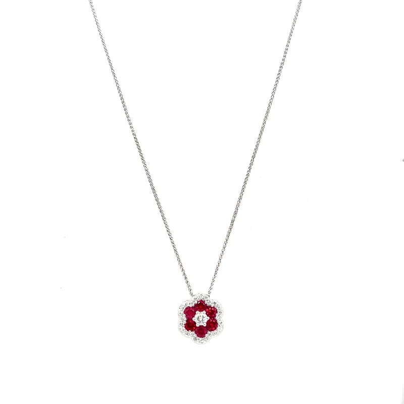 Big Discounts On Elegant Jewelry Collections Bremer Jewelry 18K White Gold Round Shape Rubies and Diamonds Cluster Pendant (.78ctw)